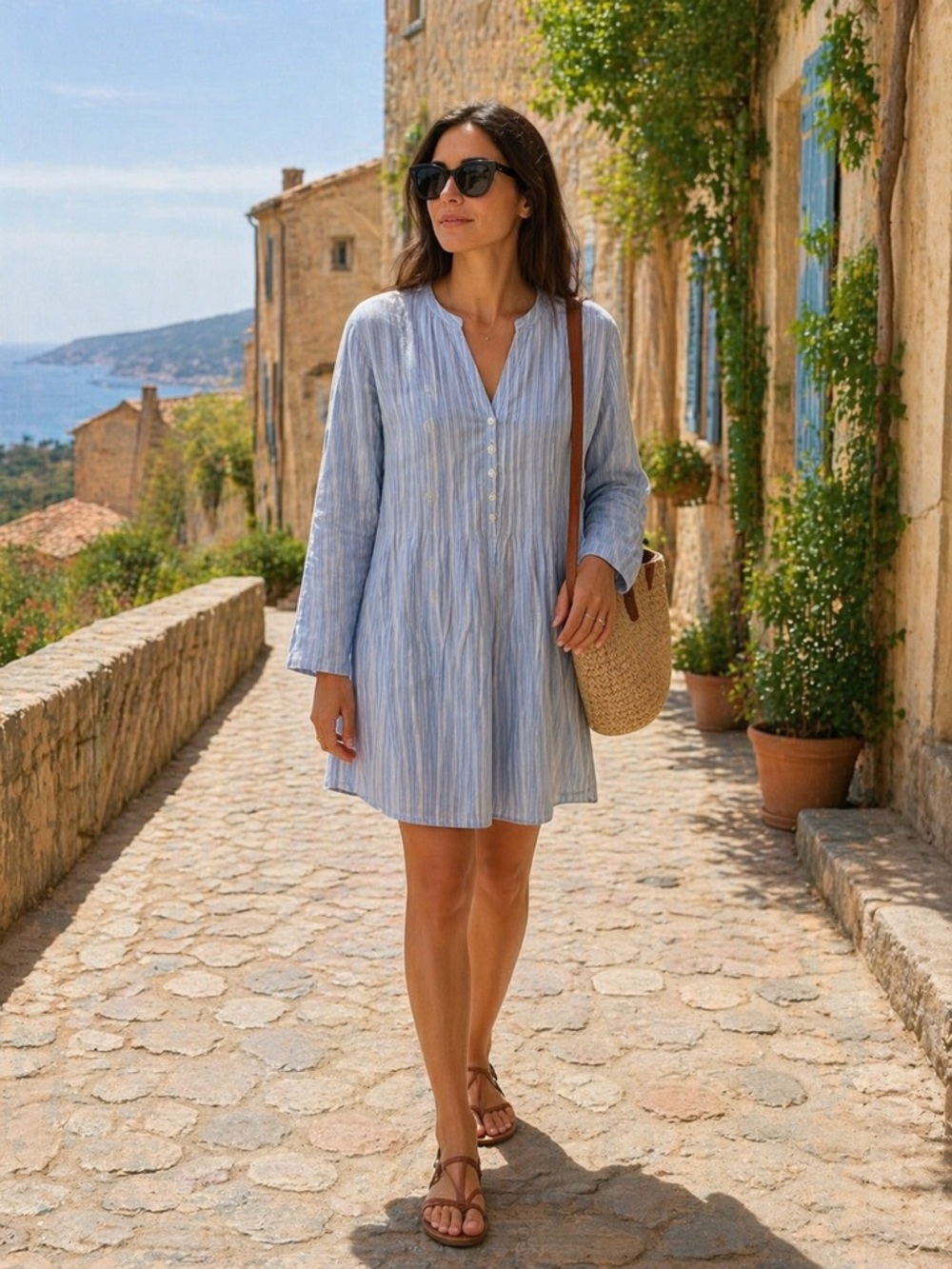 Garnet Hill Light weight Blue pin tucked Striped Women's Dress EUC summer vibes